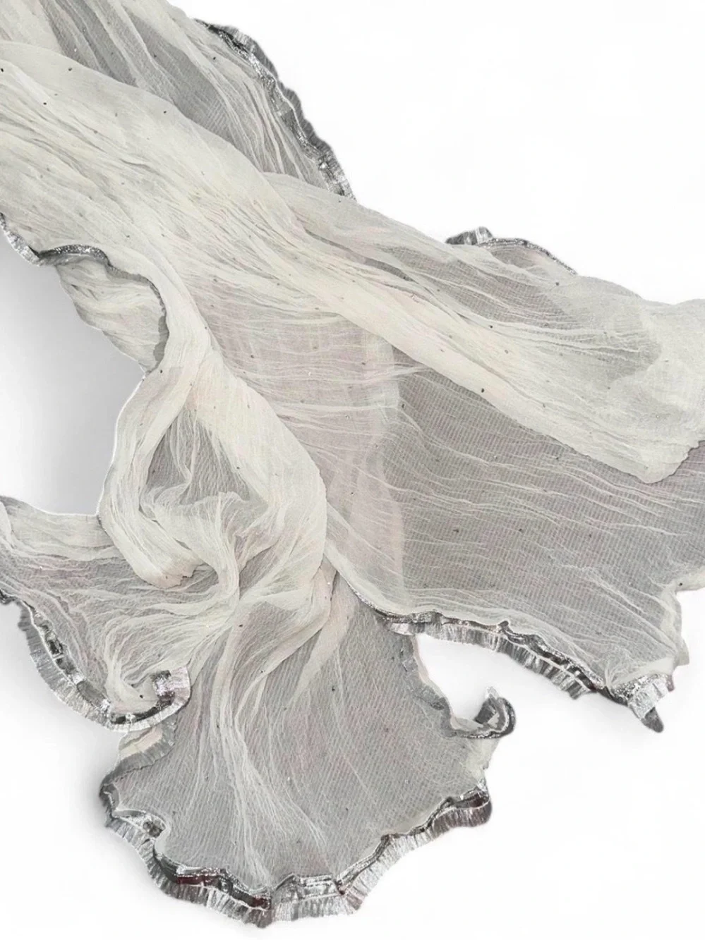 Elegant White Crinkle Scarf with Silver Trim